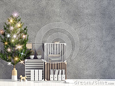 Modern shining Christmas interior, Scandinavian style. Wall mock up. 3D illustration Stock Photo