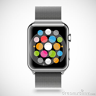 Modern shiny smart watch with steel chain bracelet Vector Illustration