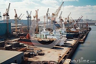 modern shipyard filled with a variety of ships in different stages of construction Stock Photo
