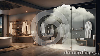 Modern Shower Serenity: Rainclouds Gathering in AI-Generated Bathroom Art Stock Photo