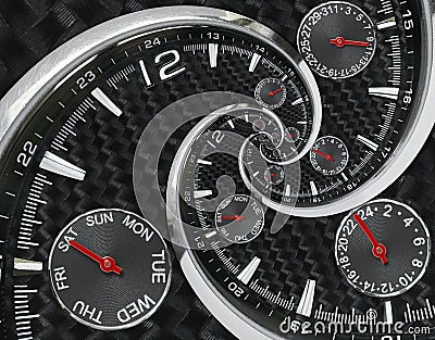 Modern silver black fashion clock watch red clock hands twisted to surreal time spiral. Surrealism clock black clock watch abstrac Stock Photo