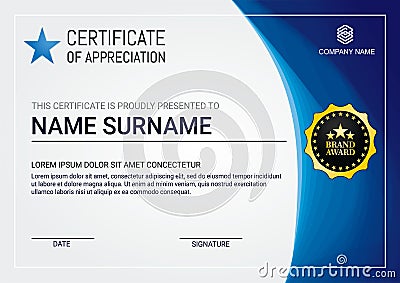 Modern & simple certificate template with blue curves theme on grey background Vector Illustration