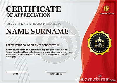 Modern & simple certificate template with red curves theme on grey background Vector Illustration