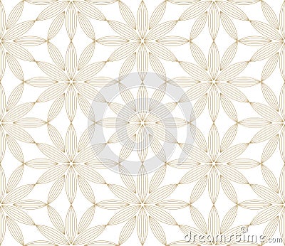 Modern simple geometric vector seamless pattern with gold flowers, line texture on white background. Light abstract Vector Illustration