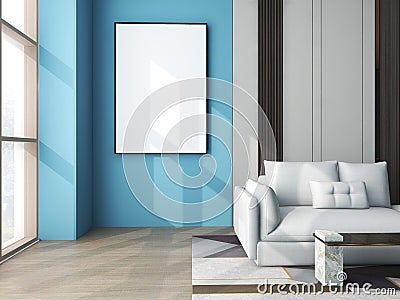 Modern simple living spaces in office buildings and residential homes, Sofa with living area and morning light with photo frame Stock Photo