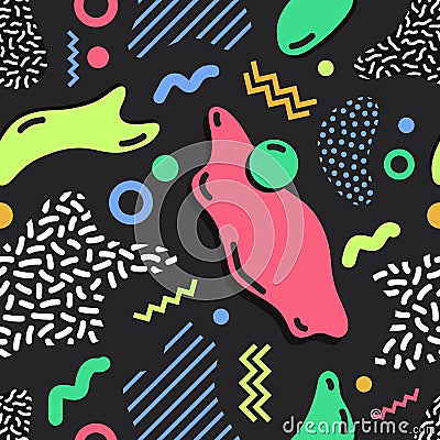 Modern simple seamless pattern with bright colored stains, lines and shapes of various texture on black background Vector Illustration