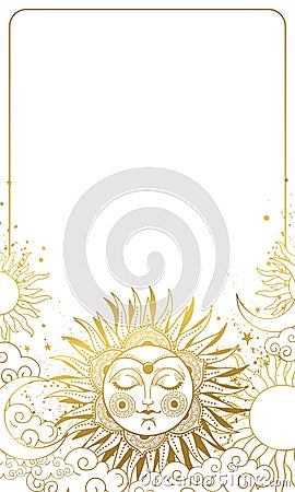 Modern sky background with golden sun with face, astrology and horoscope frame, boho poster with white copy space. Hand Vector Illustration