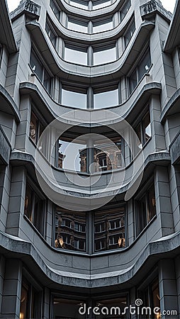 Modern skyscraper with angular overhangs and recessed windows playing with light and shadow Stock Photo