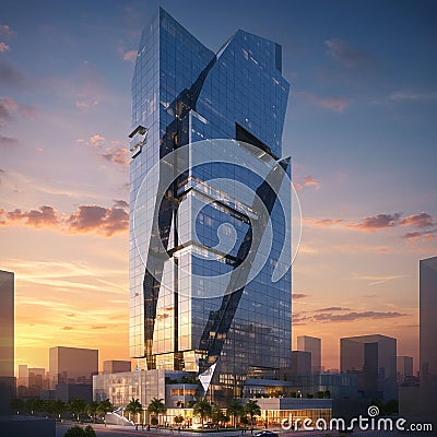 A modern skyscraper featuring a unique, angular design. The building is composed of Stock Photo