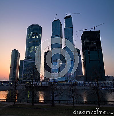 Modern skyscrapers business centre at sunset Stock Photo