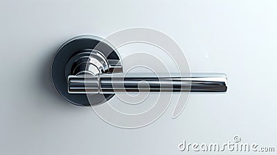 Modern sleek chrome Latch Door Handle isolated on light background. Contemporary doorknob with a glossy finish. Concept Stock Photo