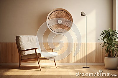 a modern, sleek electric fan in a minimalist room setting Stock Photo