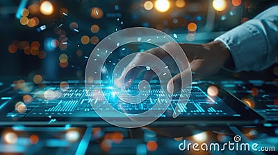 Modern, sleek tablet in use by a professional for analyzing trends with 3D data visualization. Big data visualization Stock Photo