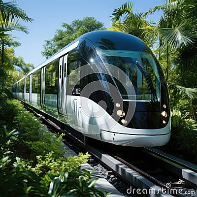 Modern sleek train passing through a lush green jungle Stock Photo