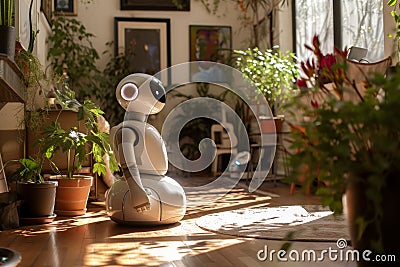 A modern sleek white robot in a modern apartment with plants doing everyday chores, ai generative intelligence coexist Stock Photo