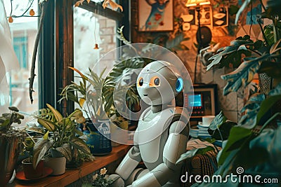 A modern sleek white robot in a modern apartment with plants doing everyday chores, ai generative intelligence coexist Stock Photo