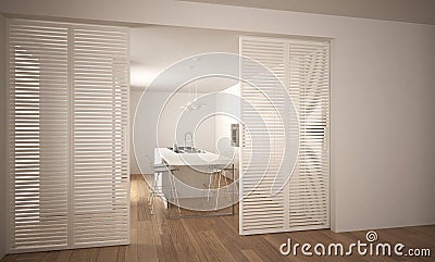 Modern sliding door with kitchen in the background, white minimal architecture interior Stock Photo