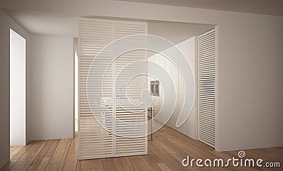 Modern sliding door with kitchen in the background, white minimal architecture Stock Photo