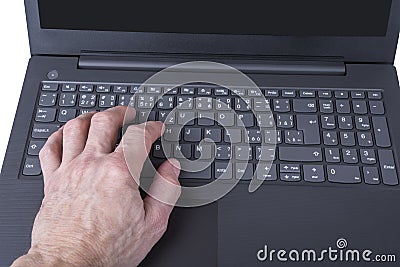 Modern slim laptop with keyboard detail with hand Stock Photo