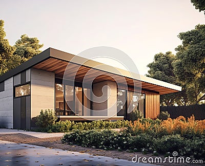Modern small minimalist cubic house with terrace, cantilevered roof and landscaping design front yard with flower bed. Residential Stock Photo