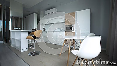 Modern small room with kitchen area and wooden floor. Modern fashionable kitchen interior Stock Photo