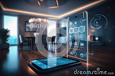 Modern smart home management system using augmented reality , Smart building with the application system. Stock Photo