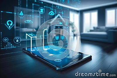 Modern smart home management system using augmented reality , Smart building with the application system Stock Photo