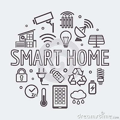 Modern Smart Home round illustration, vector symbol made with icons and word in thin line style Vector Illustration