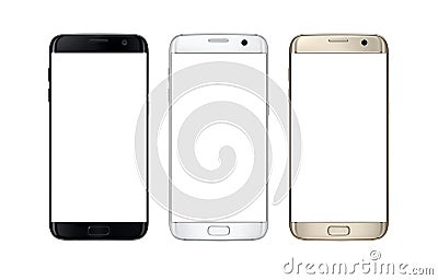 Modern smart phone in three color. Isolated white screen for mockup. Stock Photo