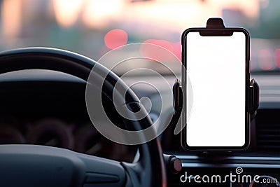 Modern smartphone device gadget mounted on phone holder at car dashboard. Stock Photo