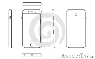 Modern smartphone outline view from four sides front, back, right and left. Smartphone outline mock up vector design Vector Illustration