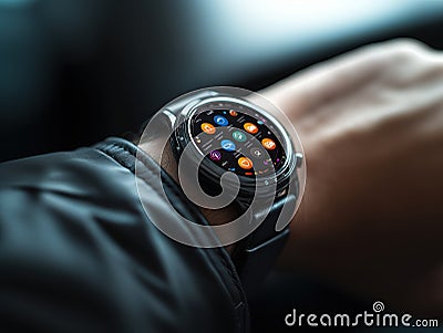 A modern smartwatch with a black strap and a round display displaying application icons Stock Photo