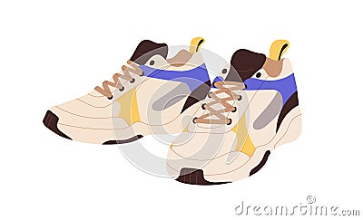 Modern sneakers, comfortable laced sport shoes. Fashion casual footwear pair design. Comfy trendy unisex trainers Vector Illustration