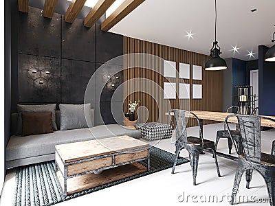 Modern sofa and dining table with iron chairs in the loft interior of a studio apartment. Dark concrete panel and wooden planks on Stock Photo