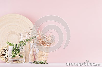 Modern soft light pink pastel home interior with green plant, dried white flowers, beige bamboo plate on white wood background. Stock Photo