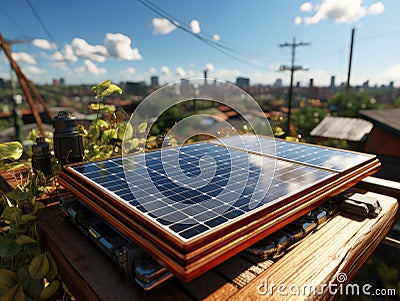 Modern solar panel on th roof with plants at morning, Solar panel on red roof reflecting sun and cloudless blue sky. Ai generative Stock Photo