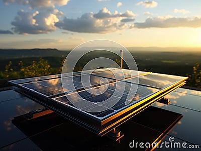 Modern solar panel on th roof with plants at morning, Solar panel on red roof reflecting sun and cloudless blue sky. Ai generative Stock Photo