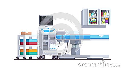 Medical checkup equipment with bed and shelves Vector Illustration