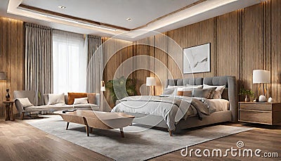 Modern, spacious bedroom highlighted by elegant upholstery and tasteful Stock Photo