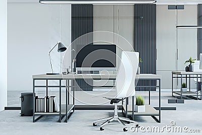 Modern spacious coworking room interior with various objects. Stock Photo