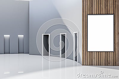 Modern spacious gallery interior with blank white mock up frame, reflections and wooden details. Showroom and design concept. 3D Stock Photo