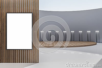 Modern spacious gallery interior with clean white mock up frame, reflections and wooden details. Showroom and design concept. 3D Stock Photo