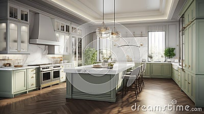 Modern spacious kitchen American European classic. A trendy combination of white and pistachio colors, white marble Stock Photo
