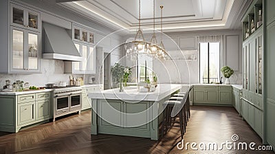 Modern spacious kitchen American European classic. A trendy combination of white and pistachio colors, white marble Stock Photo