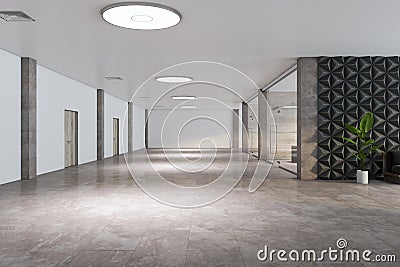 Modern spacious office area with white ceiling and walls, marble floor, wooden doors, green plant tree in white pot and glass Stock Photo