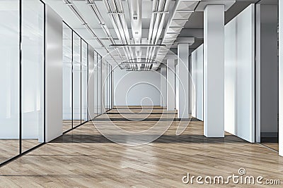 Modern spacious office hallway interior with wooden flooring. Stock Photo