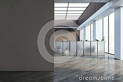 Modern spacious office with mock up place on wall, reception, window and wooden flooring. Lobby concept. Stock Photo