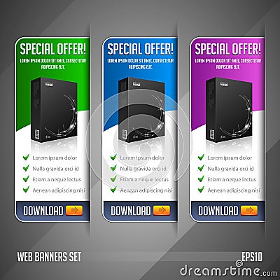 Modern Special Offer Web Banner Set Vector Colored: Green, Blue, Violet, Purple. Website Showing Product Box. Vector Illustration