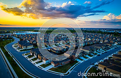 Modern Spectacular Living Austin Texas Suburb suburbia homes and houses thousands at amazing Sunset Stock Photo