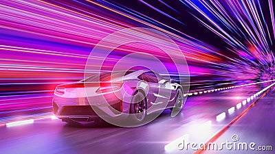 A modern sports car drives quickly through an abstract light tunnel . Stock Photo